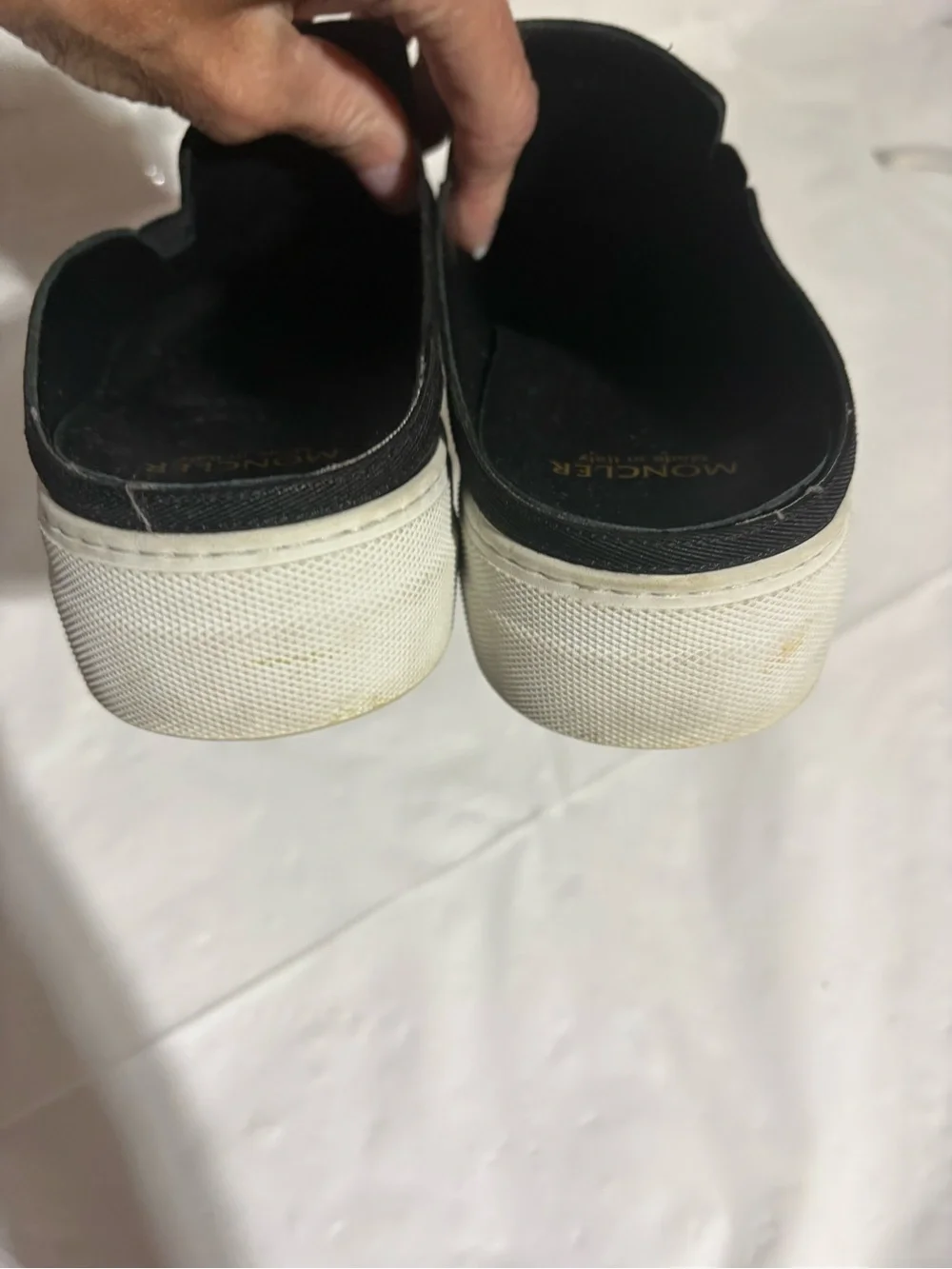 Moncler Black Leather Slip-On Loafers with White Sole